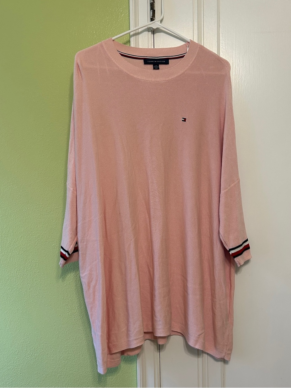 Tommy Hilfiger Light Pink Oversized Crewneck Sweater with Striped Cuffs